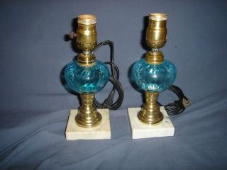Electrified American Whale Oil Lamps With Peacock Blue Reservoirs C.  1855 photo