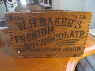 Antique 1900 ' S W.  H.  Baker ' S.  Premium Chocolate Wooden Crate Box Dovetailed photo