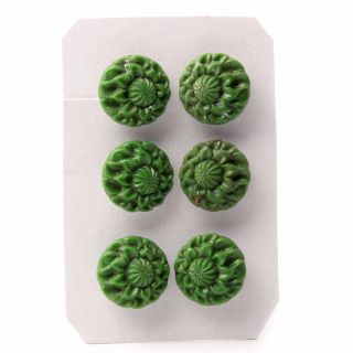 (6) 18mm Vintage Deco Czech Bohemian Green Edelweiss Flower Art Glass Buttons photo