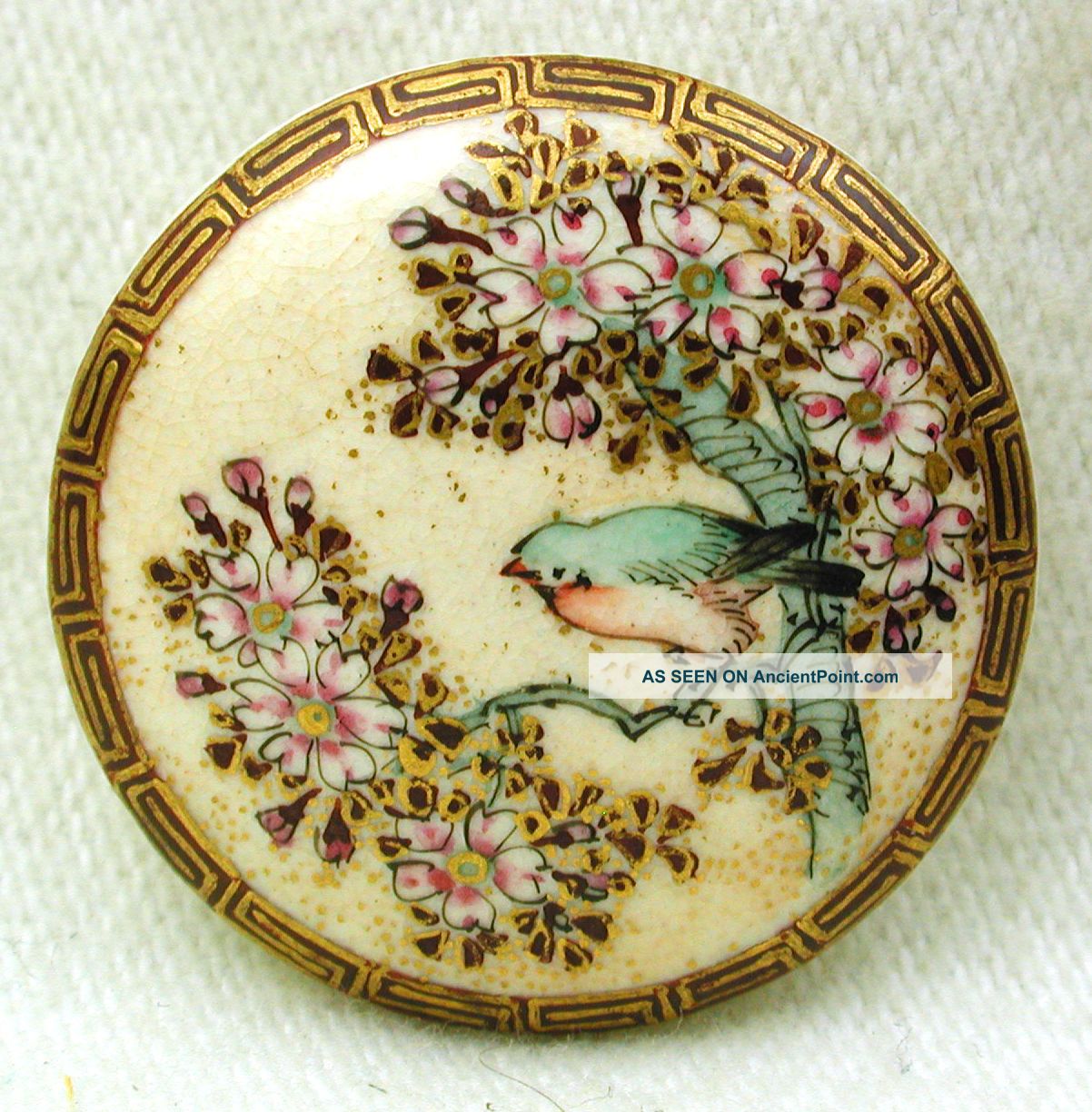 Antique Meiji Satsuma Button Detailed Blue Bird Flowers W/ Gold Accents - 15/16 