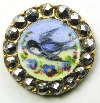 Antique French Enamel Button Blue Bird Pictorial W/ Cut Steel Border - 5/8 