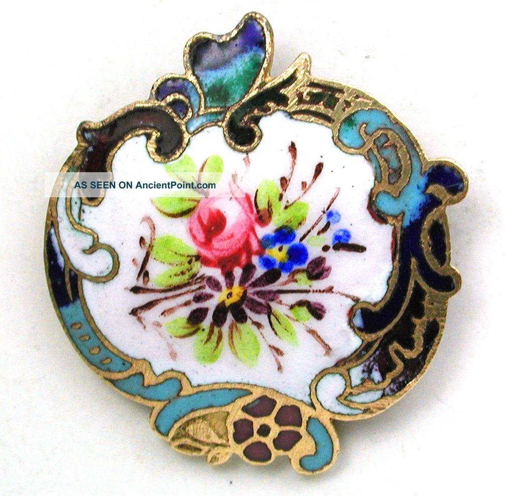Antique French Enamel Button Hand Painted Flowers & Champleve Border 1 & 1/8 