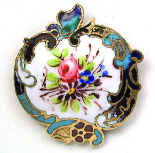 Antique French Enamel Button Hand Painted Flowers & Champleve Border 1 & 1/8 