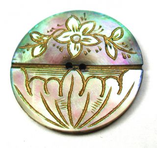 Antique Shell Button Colorful Iridescent W/ Fancy Carved Flower Design - 1 