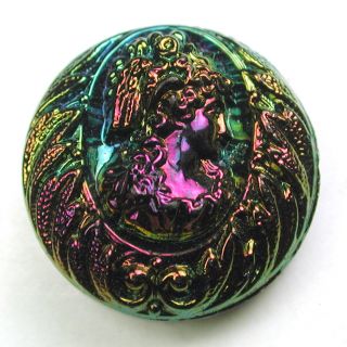 Antique Black Glass Button Woman ' S Head W/ Colorful Carnival Luster - 5/8 