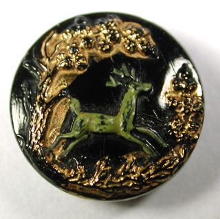 Antique Black Glass Button Running Deer In Forest W/ Paint & Gold Luster - 11/16 photo
