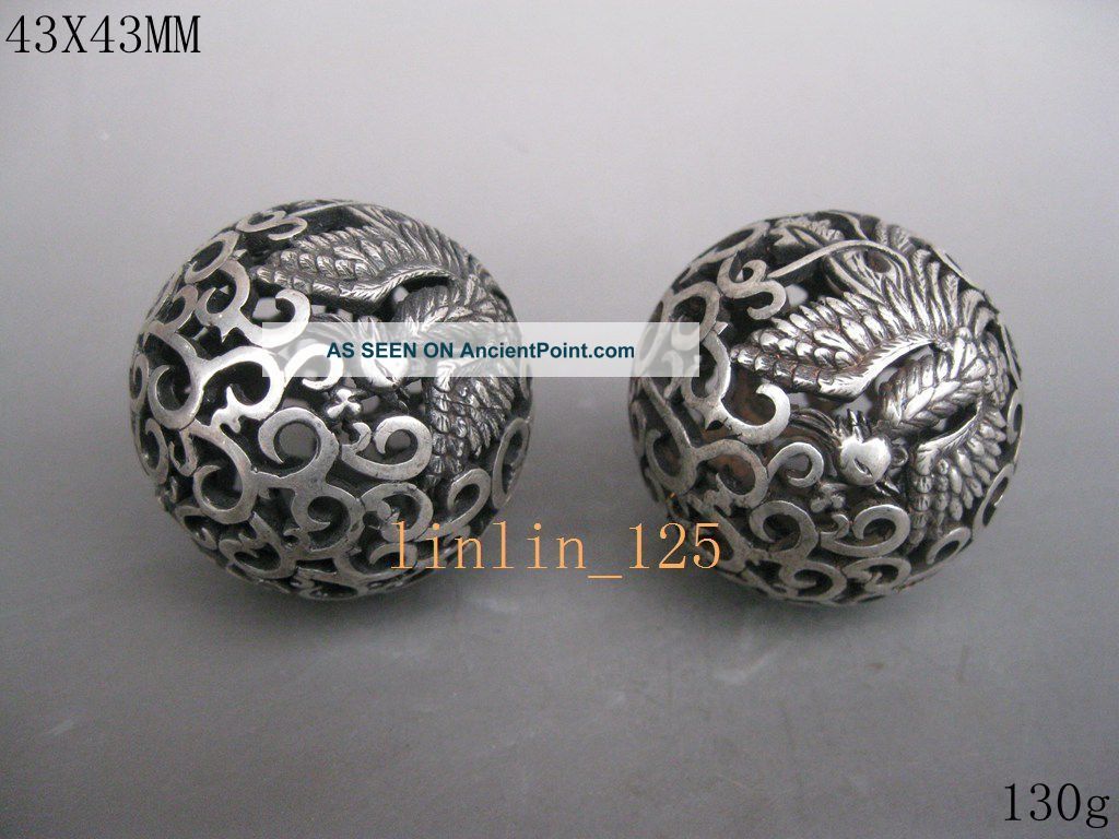 China Old Unique Tibetan Silver Shouzhu Hollow Phoenix & Dragon Pair Statues Other Chinese Antiques photo