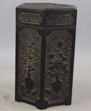 Chinese Old Wood Made Carved Human Pot Poetry Hexagon Tea Caddy Box photo