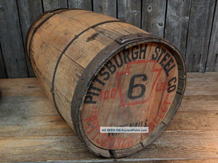 Antique Primitive Wood Nail Barrel Old Advertising Pittsburgh Steel Co.  1901 Primitives photo
