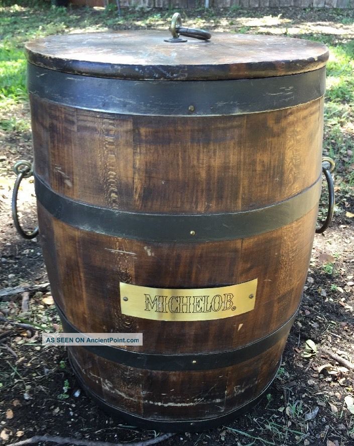 Michelob Rustic Antique Wood Oak & Brass Storage Cooler Bar Barrel 16 