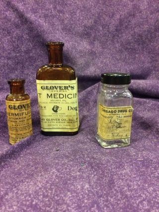 3 Apothecary Jars - 2 Glovers,  1 Chisago Drug Co photo