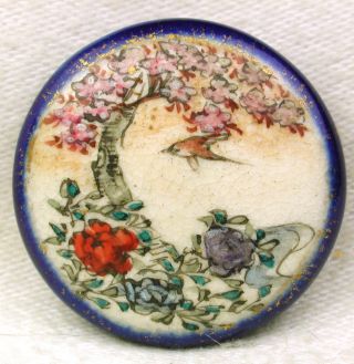 Antique Meiji Satsuma Button Detailed Bird Fly ' S By Cherry Blossoms 1 & 1/8 