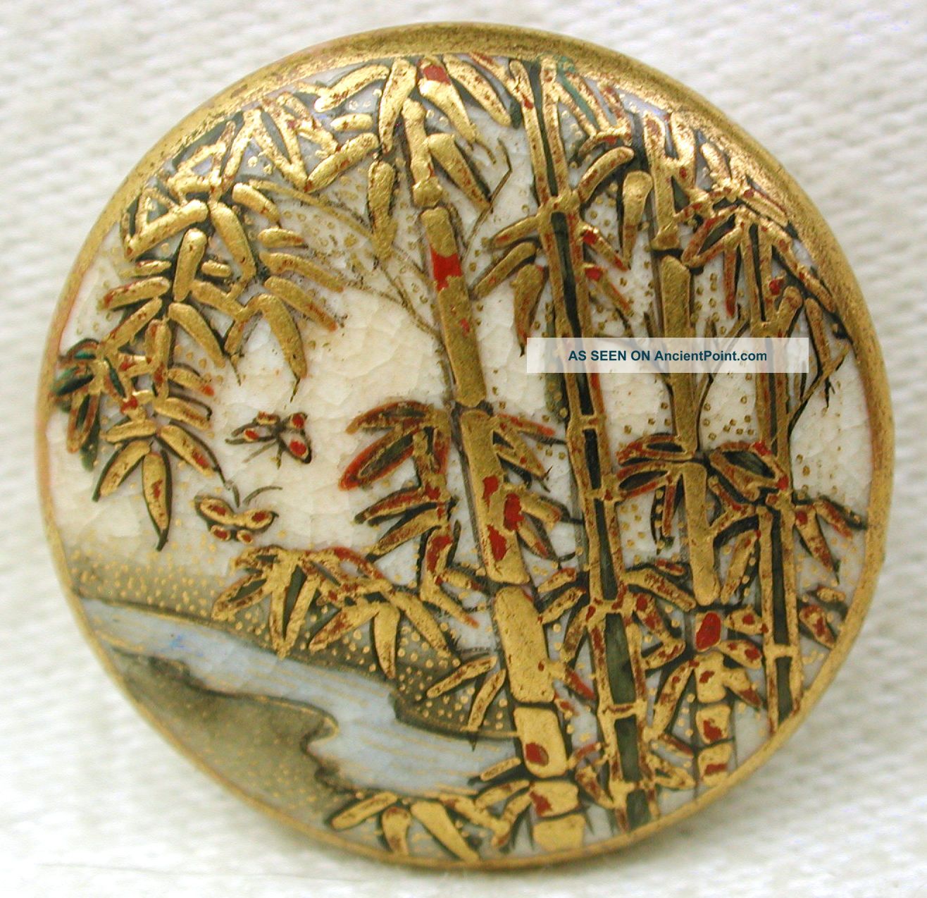 Antique Meiji Satsuma Button Meandering Stream & Butterflies & Bamboo1 & 3/16 