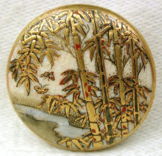 Antique Meiji Satsuma Button Meandering Stream & Butterflies & Bamboo1 & 3/16 