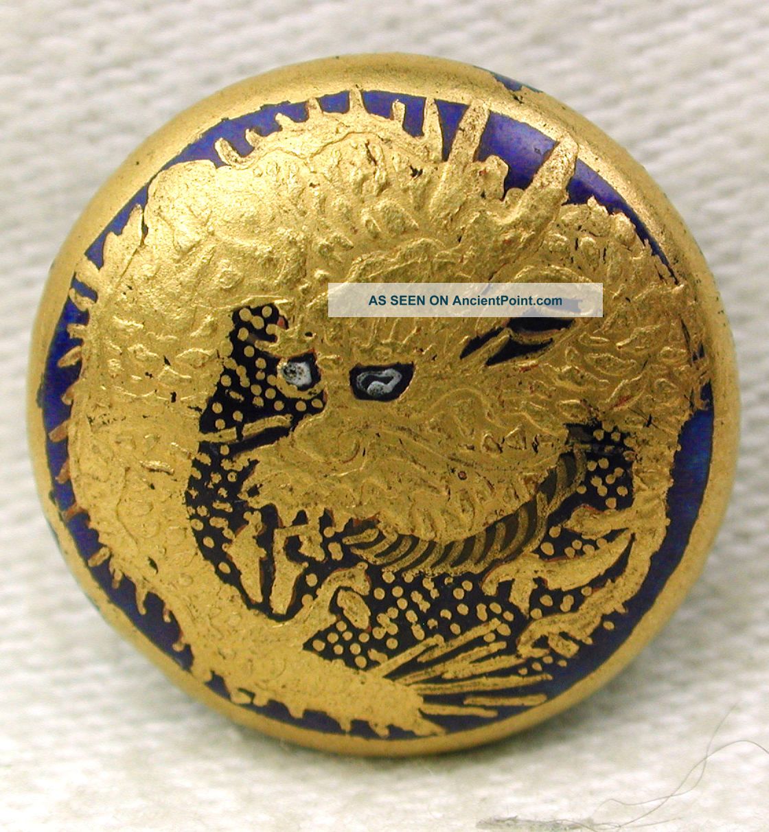 Antique Meiji Satsuma Button Golden Dragon On Cobalt Background - 11/16 