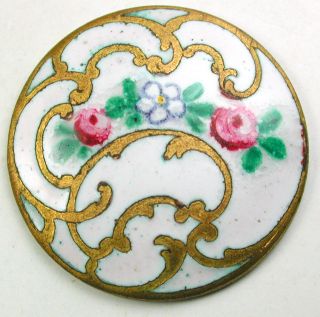 Antique French Enamel Button Fancy Brass Design W/ Hand Painted Roses 1 & 1/16 