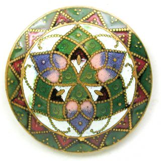 Antique French Enamel Button Colorful Green Blue Red Pink Cream Design - 7/8 