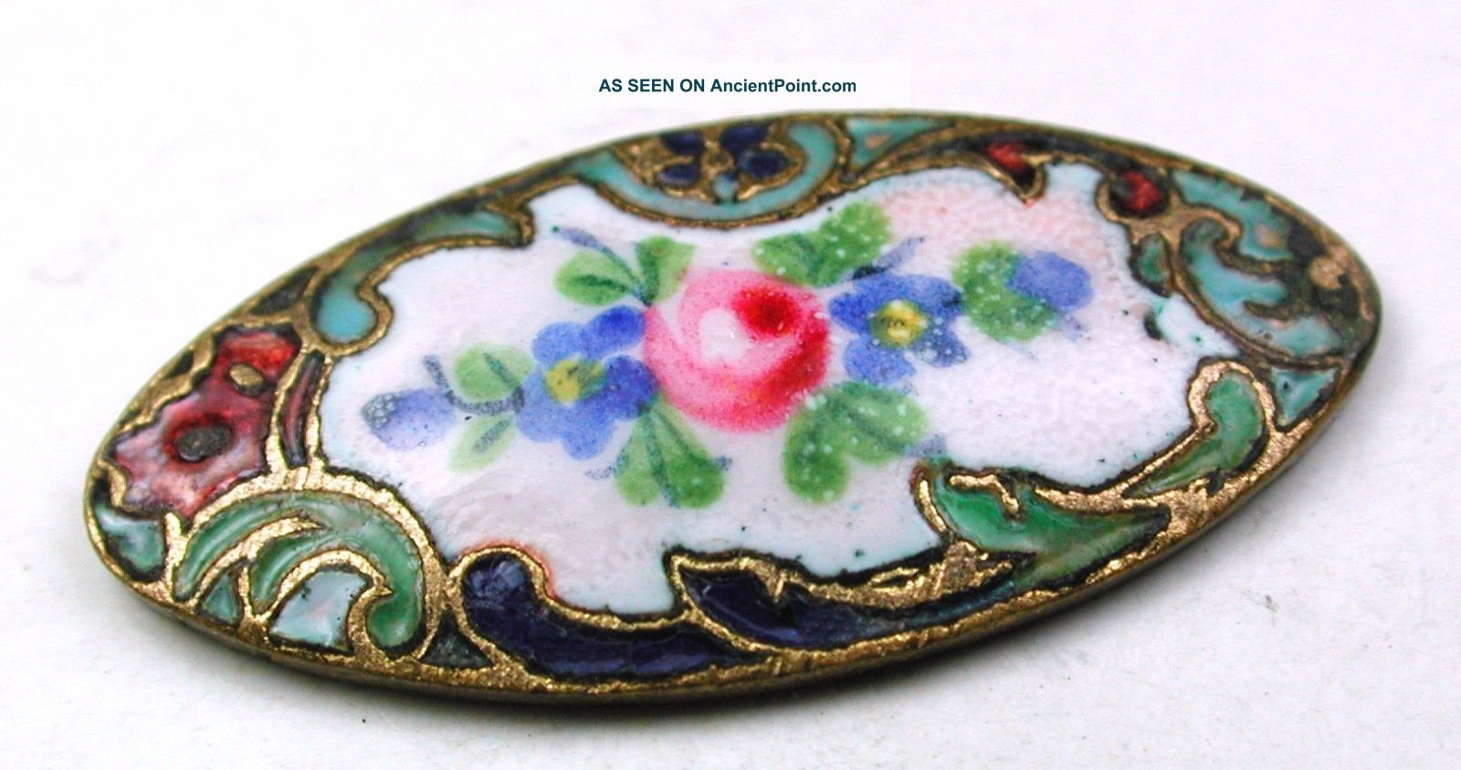 Antique Enamel Button Hand Painted Flowers On Spindle Shape W/ Champleve Border Buttons photo