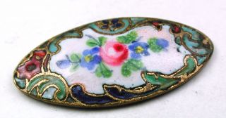 Antique Enamel Button Hand Painted Flowers On Spindle Shape W/ Champleve Border photo