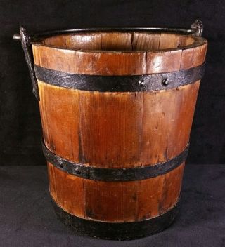 Antique Staved Wood Bucket Or Pail With Iron Bands & Handle 8 X9 Inch Exc Cond photo