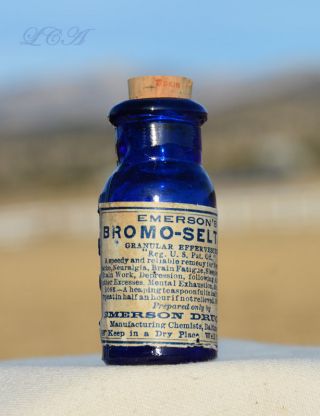 Tiny Antique Cobalt Blue Bottle Labeld & Embossed Hand Blown Bromo Seltzer photo
