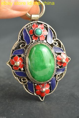 China Style Decor Old Cloisonne Green Jade Tibet Silver Delicate Noble Pendant photo