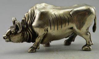 Collectible Decor Old Handwork Silver Plate Copper Carved Struggle Cattle Statue photo