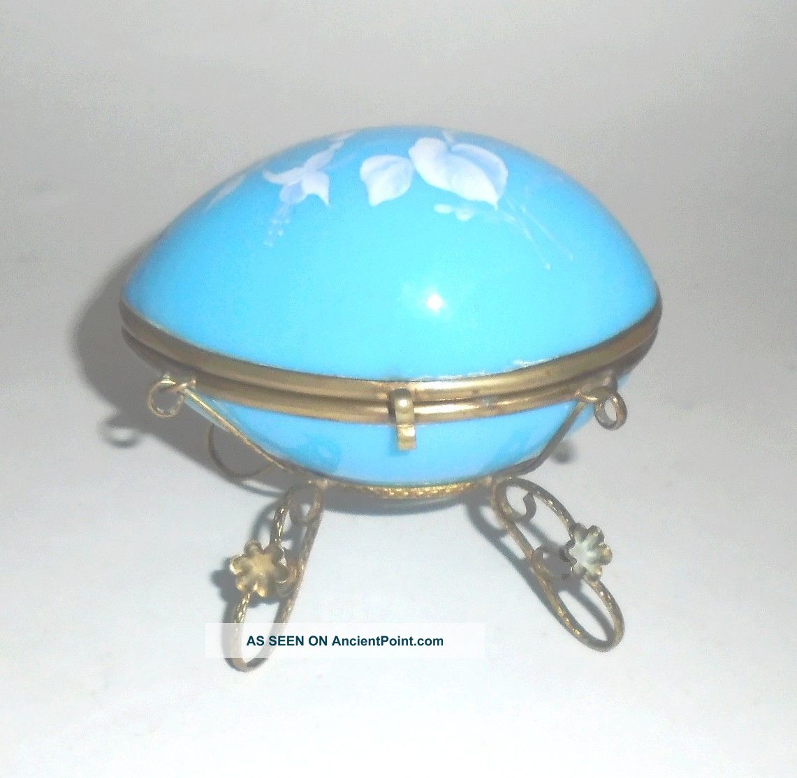 Victorian Blue Opaline Hand Painted Glass Egg Shaped Box In Gold Frame Other Antique Glass photo