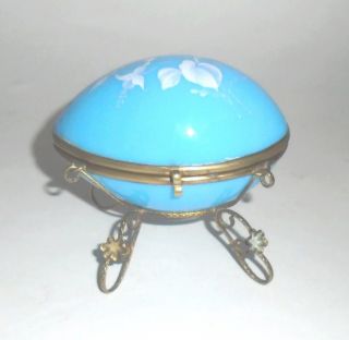 Victorian Blue Opaline Hand Painted Glass Egg Shaped Box In Gold Frame photo