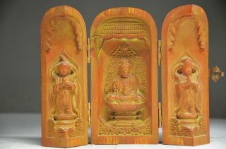 Oriental Boxwood Purely Handwork Carved Kwan - Yin Prayer Amulet Box Exorcism Sta photo