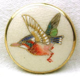 Vintage Satsuma Button Colorful Bird W/ Raised Accents & Gold Accents 1 & 1/8 