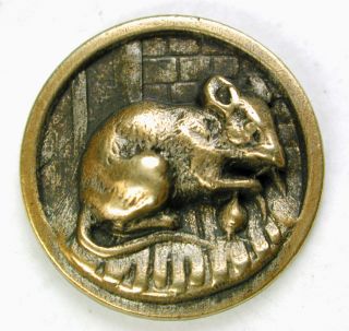 Antique Brass Button Rat W/ Radish In Cellar Design - 11/16 