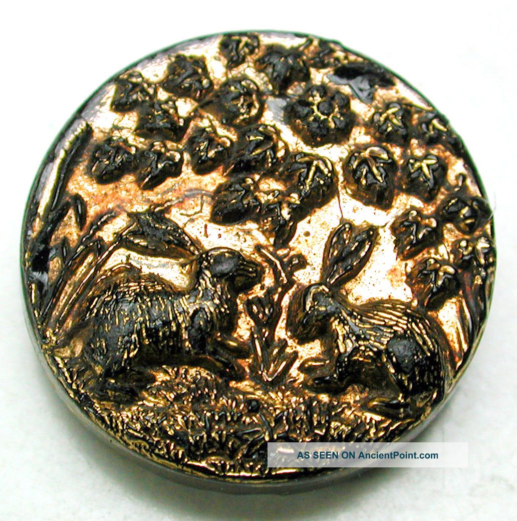 Antique Black Glass Button 2 Rabbits Munching Flowers W/ Copper Luster - 11/16 