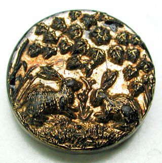 Antique Black Glass Button 2 Rabbits Munching Flowers W/ Copper Luster - 11/16 