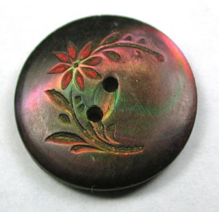 Antique Hand Carved Iridescent Shell Button W/ Flower Design - 5/8 