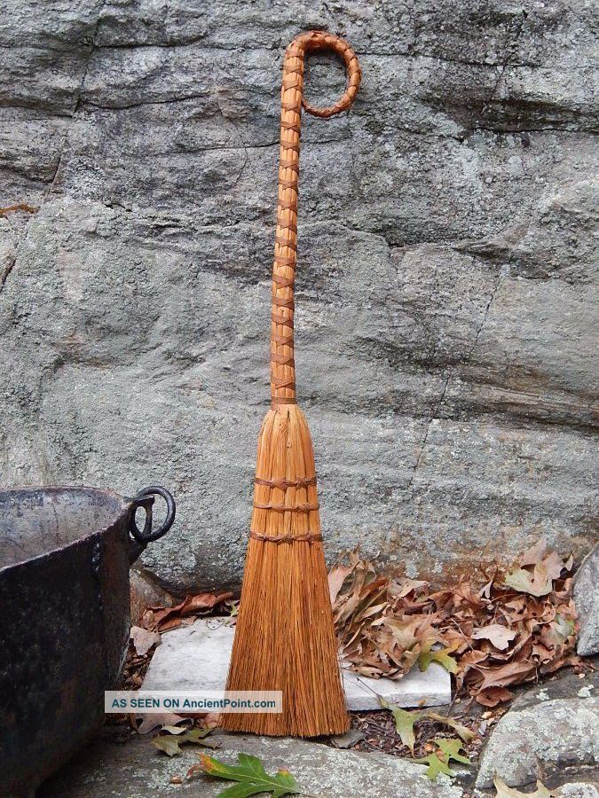 Primitive Old Wood England Unique Loop Handle Witch Hearth Broom Halloween Primitives photo