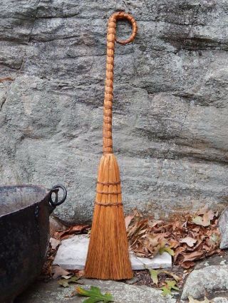 Primitive Old Wood England Unique Loop Handle Witch Hearth Broom Halloween photo