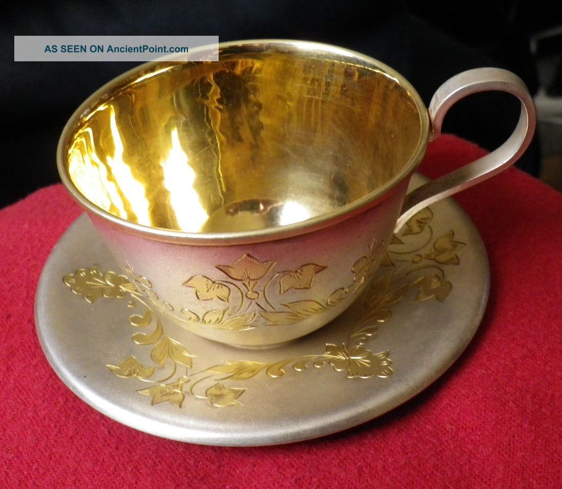 Sterling Silver Cup & Saucer Gold Lined & Etched Post Australia Sterling Silver (.925) photo