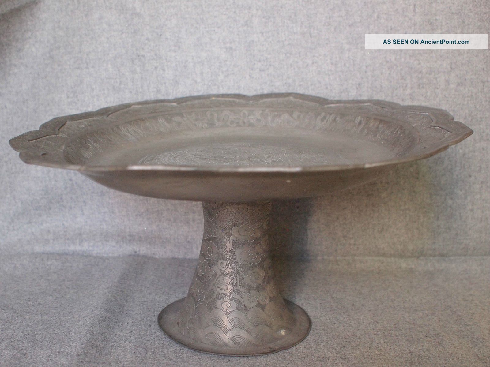 Rare Pair (2) Matching Chinese Qing Dynasty Pewter Dragon And Phoenix Comports Other Chinese Antiques photo