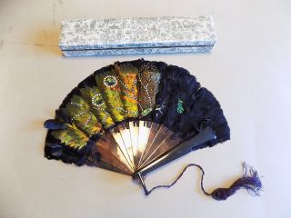 Vintage Chinese Hand Fan Hand Carved Veins Black & Iridescent Feathers photo