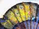 Vintage Chinese Hand Fan Hand Carved Veins Black & Iridescent Feathers Paintings & Scrolls photo 2