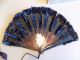 Vintage Chinese Hand Fan Hand Carved Veins Black & Iridescent Feathers Paintings & Scrolls photo 6