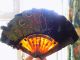 Vintage Chinese Hand Fan Hand Carved Veins Black & Iridescent Feathers Paintings & Scrolls photo 7