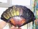 Vintage Chinese Hand Fan Hand Carved Veins Black & Iridescent Feathers Paintings & Scrolls photo 8