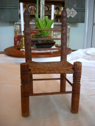 Antique Primitive Child ' S Doll House Handcrafted Wood Chair Woven Seat 12.  5 