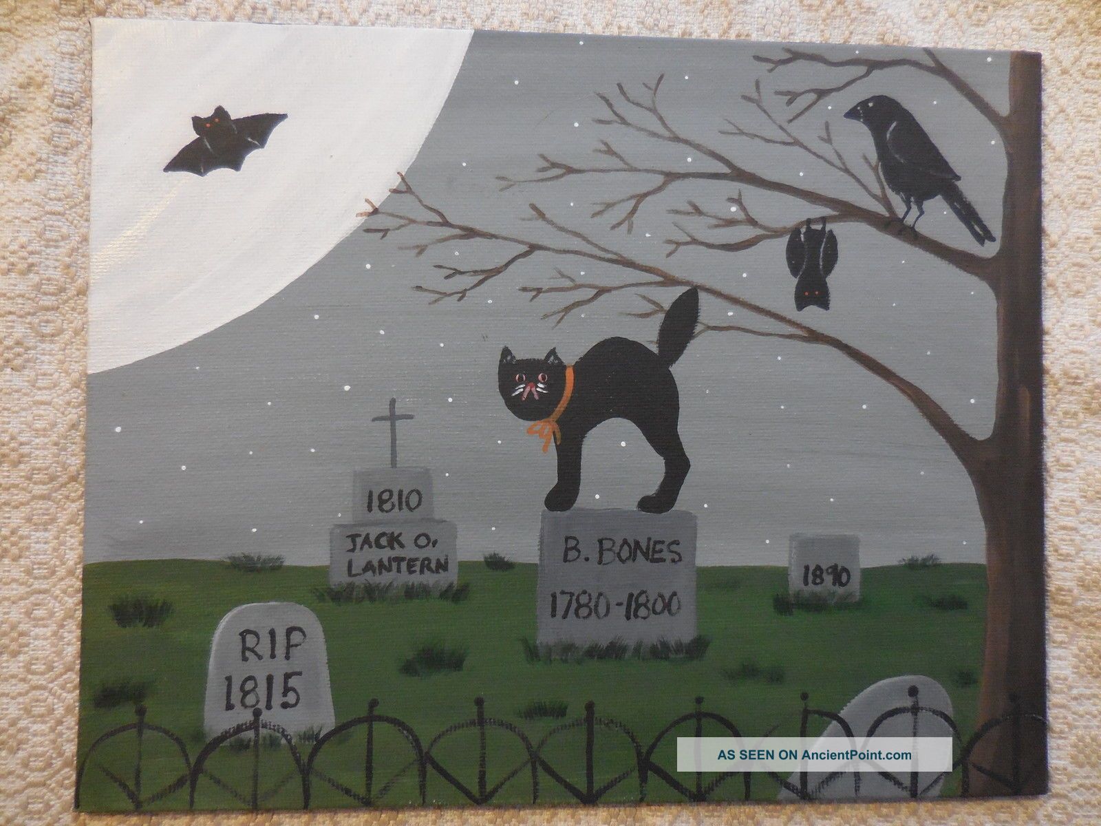 Primitive Handpainted Halloween Folk Art Black Cat Cemetery Fright Night Primitives photo