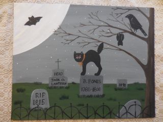 Primitive Handpainted Halloween Folk Art Black Cat Cemetery Fright Night photo