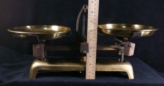 Antique Cast Iron Balance Scale With Two Round 7 Inch Brass Dishes Fine Cond photo
