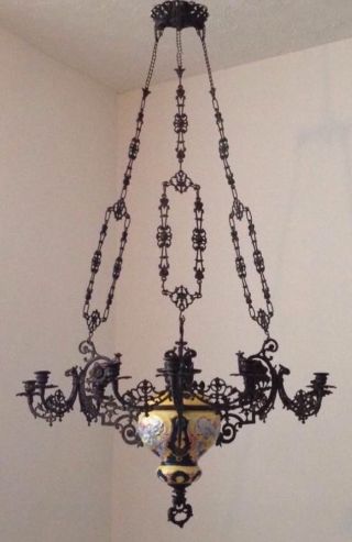 Huge Antique Victorian 9 Arm Iron Oil Lamp Candelabra Chandler.  Ceiling Light photo