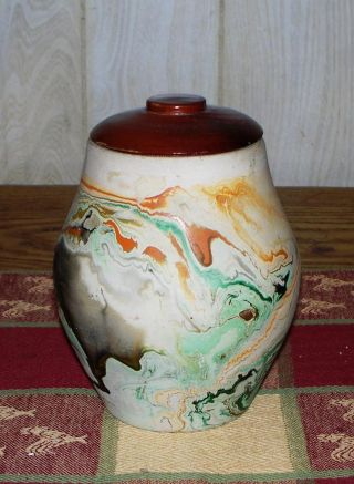 Rare Nemadji Native American Pottery Apothecary Jar With Wood Lid Great Colors photo